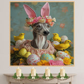 Greyhound in Easter Attire, Cute Pet Portrait for Spring Home Decor, Holiday Gifts for Dog Lovers, Dog Wall Art on Canvas Wrap, Framed Print, or Rolled Artwork
